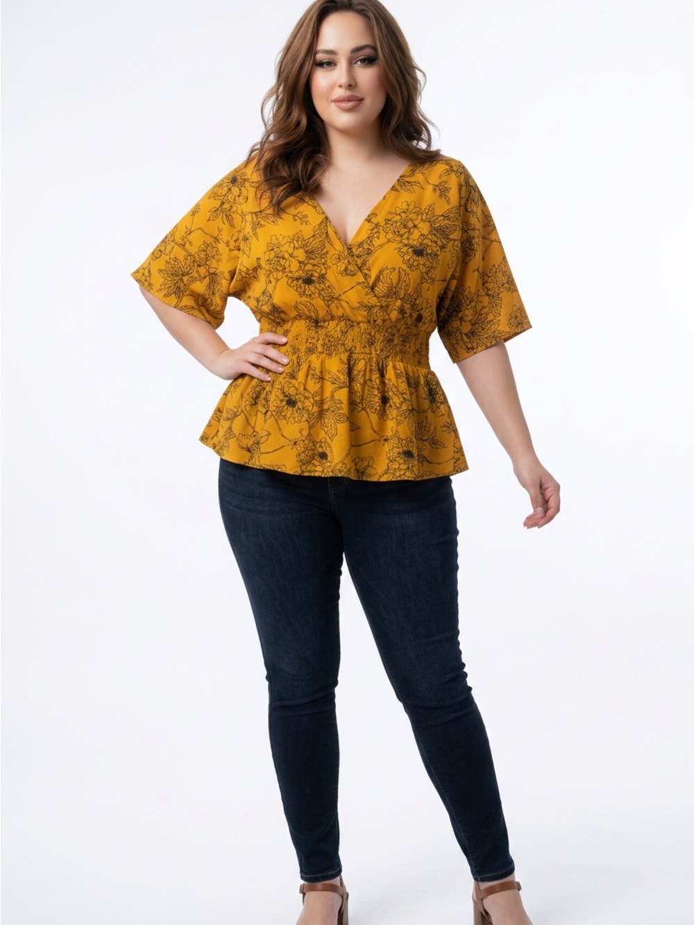 Blush Mustard Floral Smocked Peplum Blouse